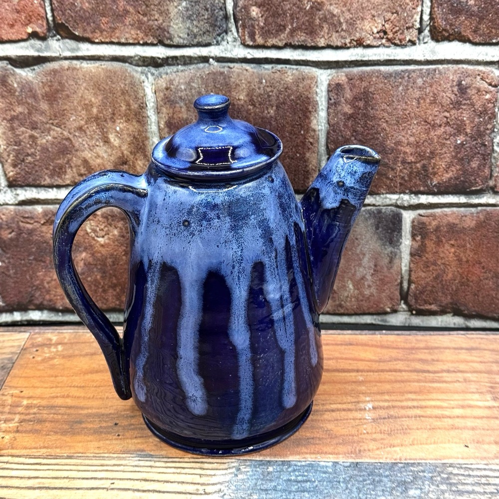 Vintage Studio Art Pottery Cobalt Blue‎ Drip Glaze Tea Pot w Lid Artisan Signed